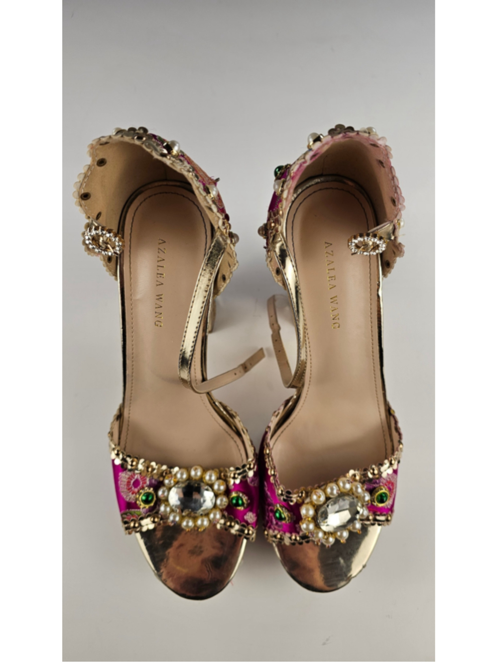 Embellished Pink Floral Platform Heels by ALTAIR WANG - Picture 7 of 8